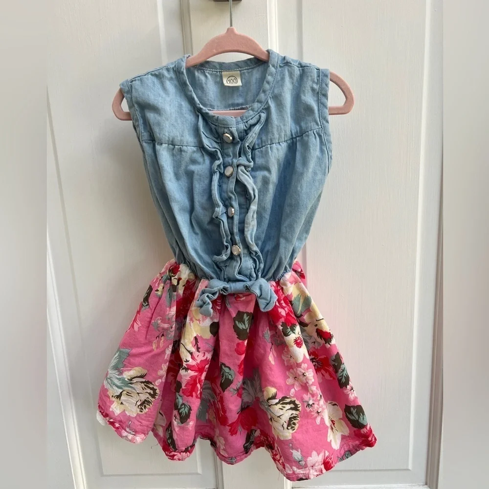 2T Blue and Pink Floral Tie Front Girls Sleeveless Dress